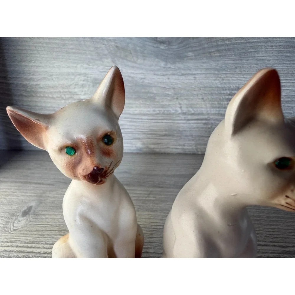 Vtg Salt & Pepper Shakers Siamese Cat Green Rhinestone Eyes W/Stoppers Japan